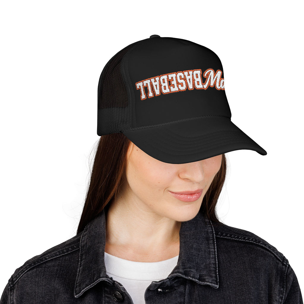 Baseball Mama Trucker Hat — Vintage Script Foam Mesh Cap for Baseball Moms